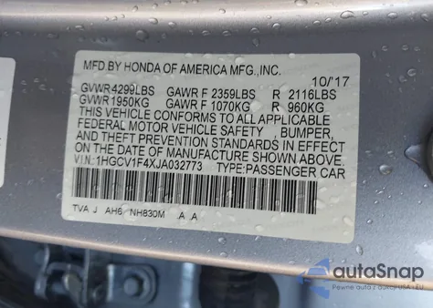 2018 Honda Accord Ex from USA, damaged, VIN 1HGCV1F4XJA032773